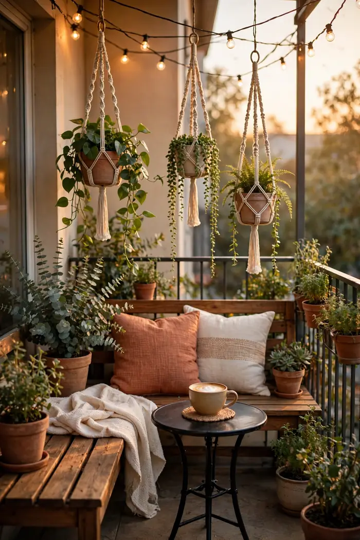 Cozy small balcony makeover with string lights, cushions and potted plants at golden hour